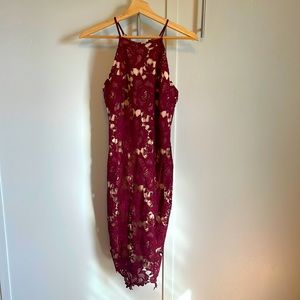 Lulu’s Temps De L'Amour Burgundy Lace Bodycon Midi Dress Sz XS